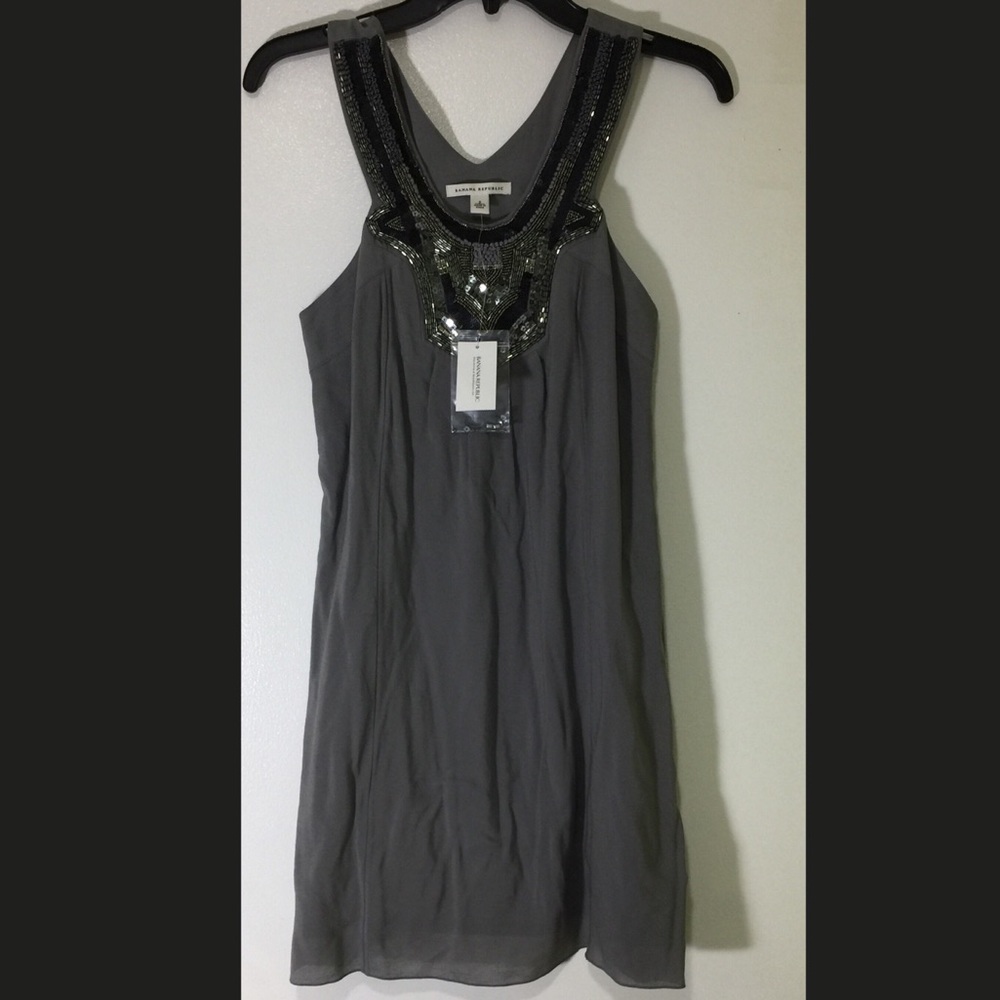 NWT Banana Republic Gray Embellished Silk Dress - Picture 2 of 6